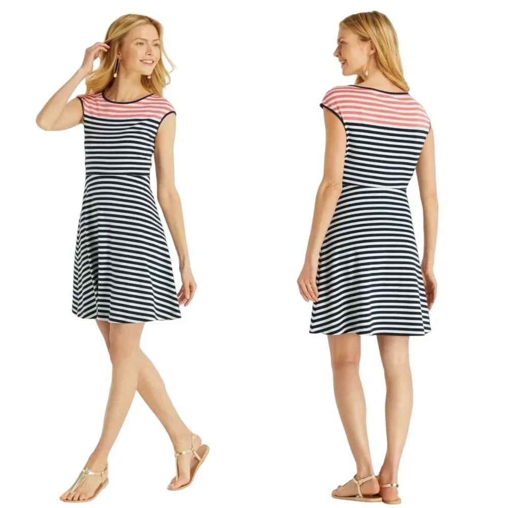 Draper James Striped Ponte Knit A Line Nassau Navy and Pink Mini Fit and Flare X - Picture 1 of 14